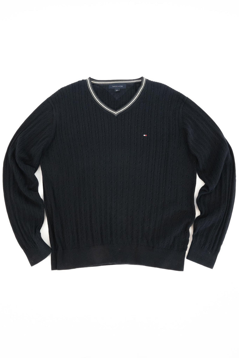 Navy V-Neck Cable Sweater