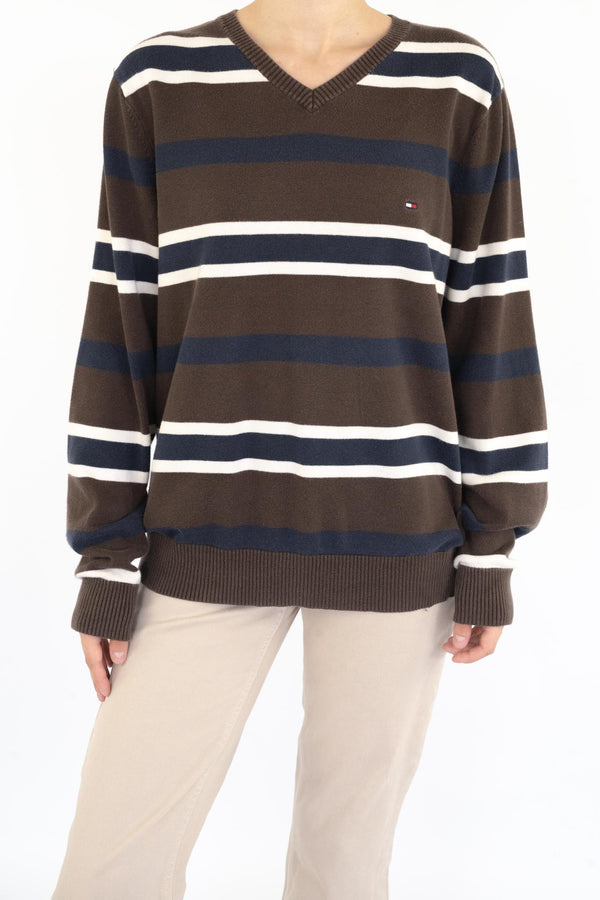 Brown Striped V-Neck Sweater