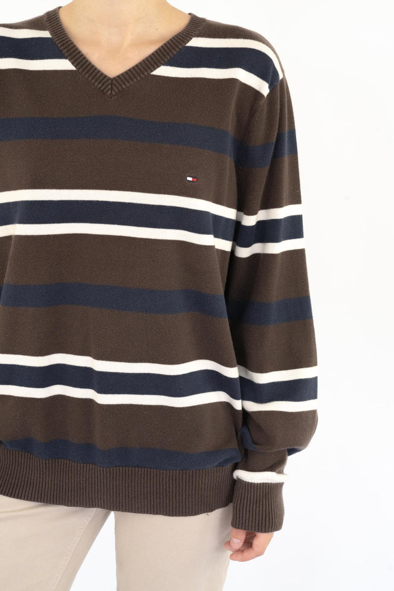 Brown Striped V-Neck Sweater