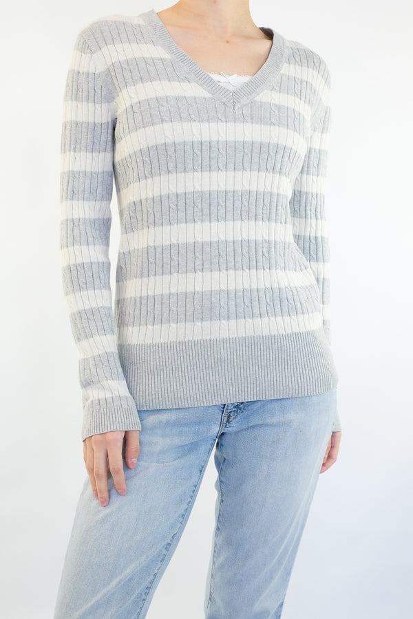 Grey Striped Cable Sweater