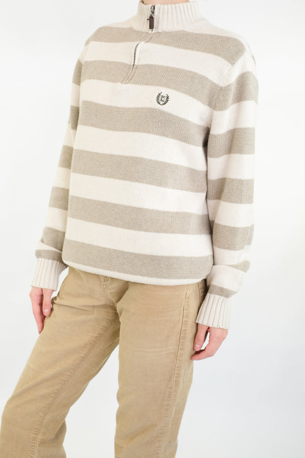 Cream Striped Quarter Zip Sweater