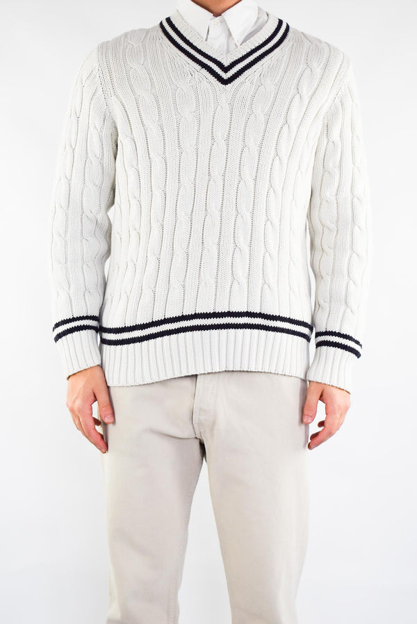 White V-Neck Cable Sweater