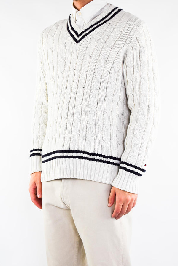White V-Neck Cable Sweater