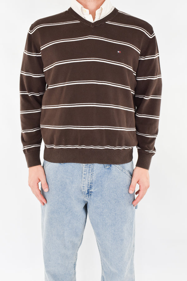 Brown Striped  V-Neck Sweater