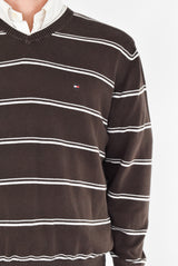 Brown Striped  V-Neck Sweater