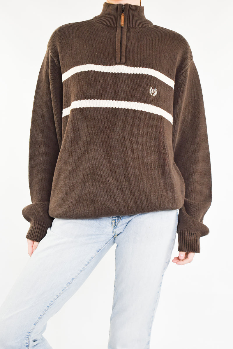 Brown Striped Quarter Zip Sweater