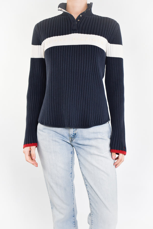 Navy Ribbed Button Sweater