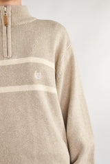 Beige Striped Quarter Zip Sweater