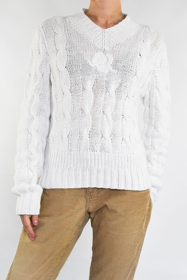 White Knitted Cable Sweater