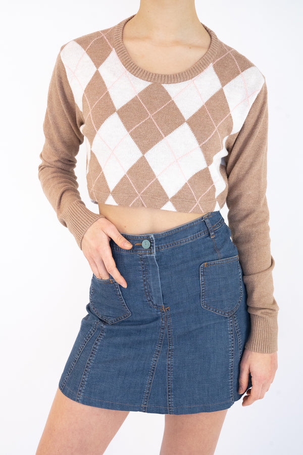 Beige Cropped Argyle Sweater