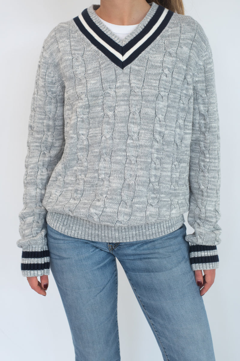 Grey V-Neck Cable Sweater