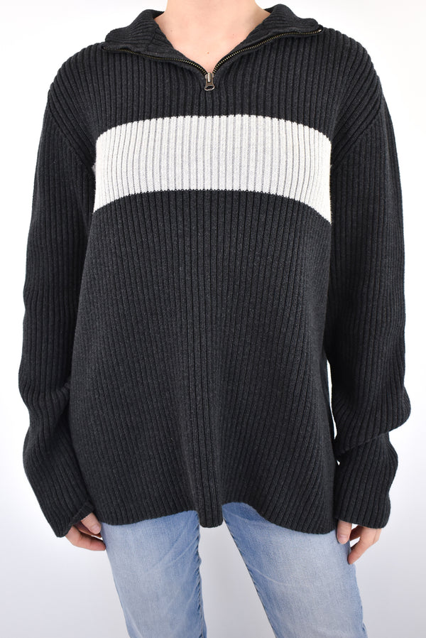 Black Striped Quarter Zip Sweater
