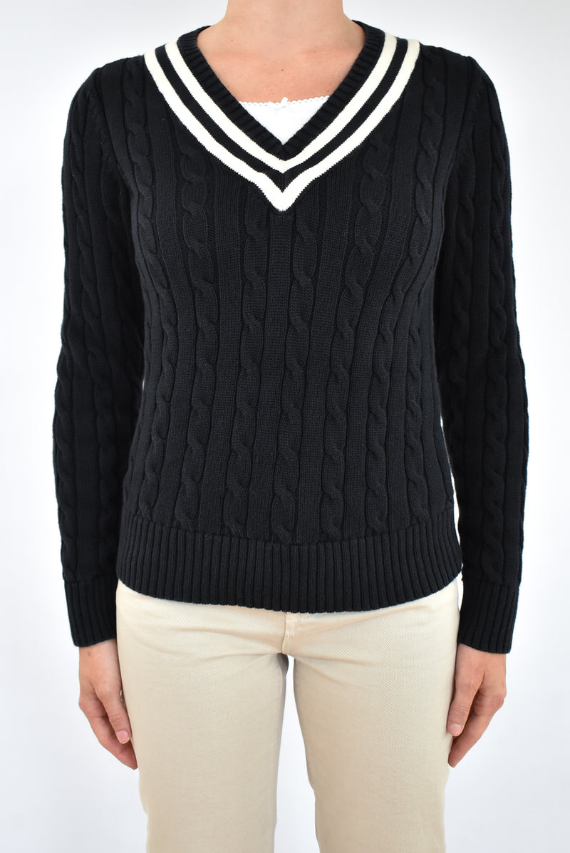 Black V-Neck Cable Sweater