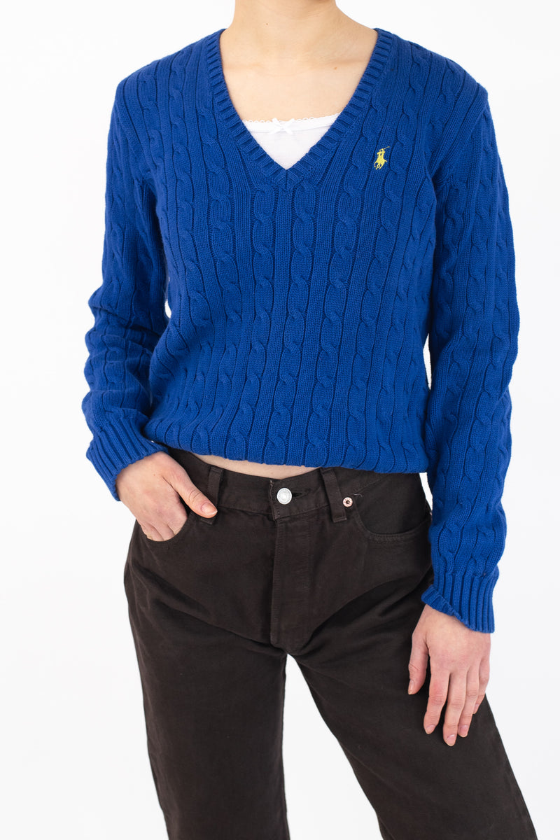Royal Blue V-Neck Cable Sweater