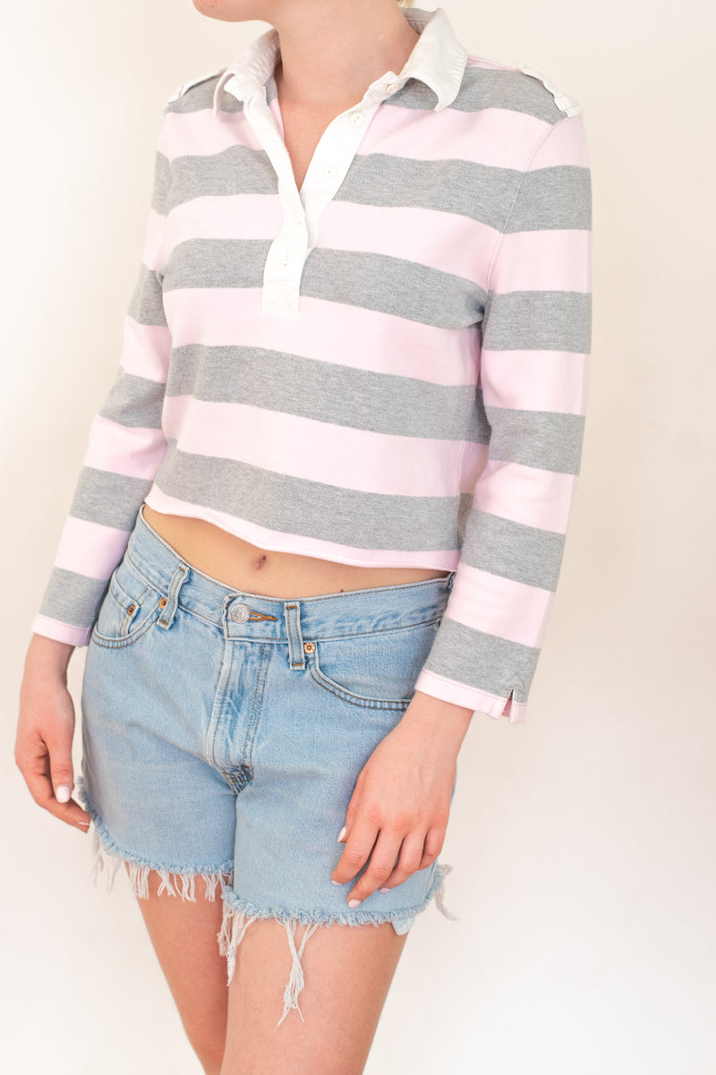 Light Pink Striped Cropped Rugby Polo